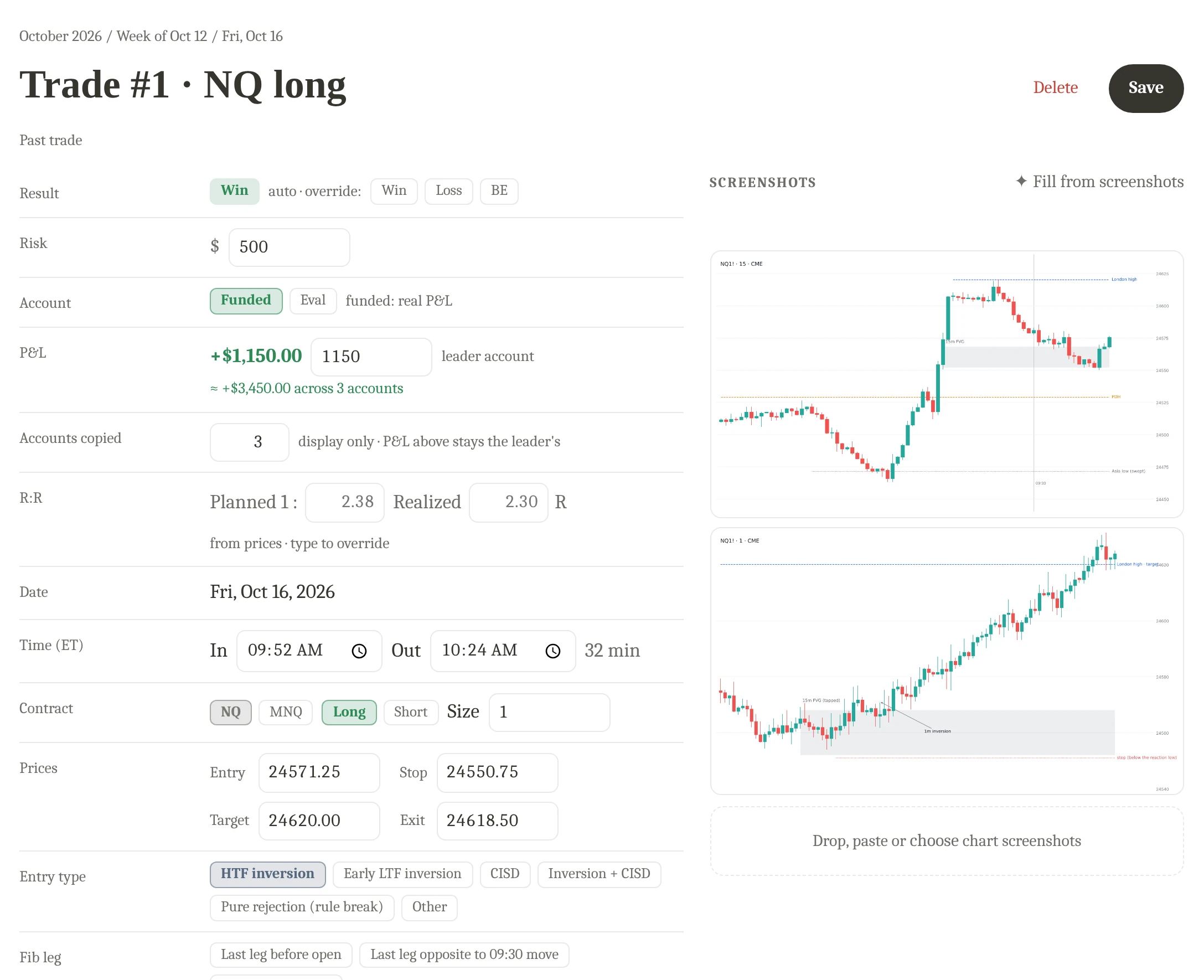 A logged NQ trade with entry and exit details, trade reasoning and two chart screenshots